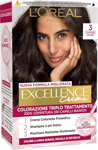 L’Oréal Paris Colorazione Triplo Trattamento Excellence, Con Acido Ialuronico, 100% Copertura Capelli Bianchi, Per Capelli Più Idratati, Castano Scuro (3)