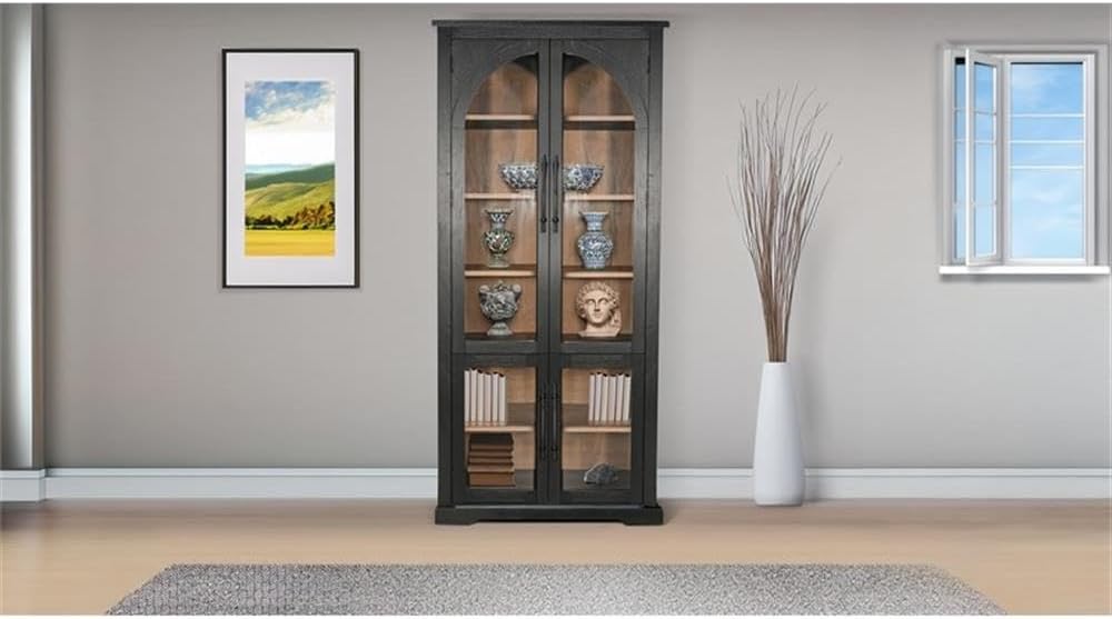 Pemberly Row Tall Wood Curio Cabinet, Arched Glass Doors, Light Interior, Adjustable Shelving, Natural Finish, Elegant Display Storage for Books, Dinnerware, or Collectibles