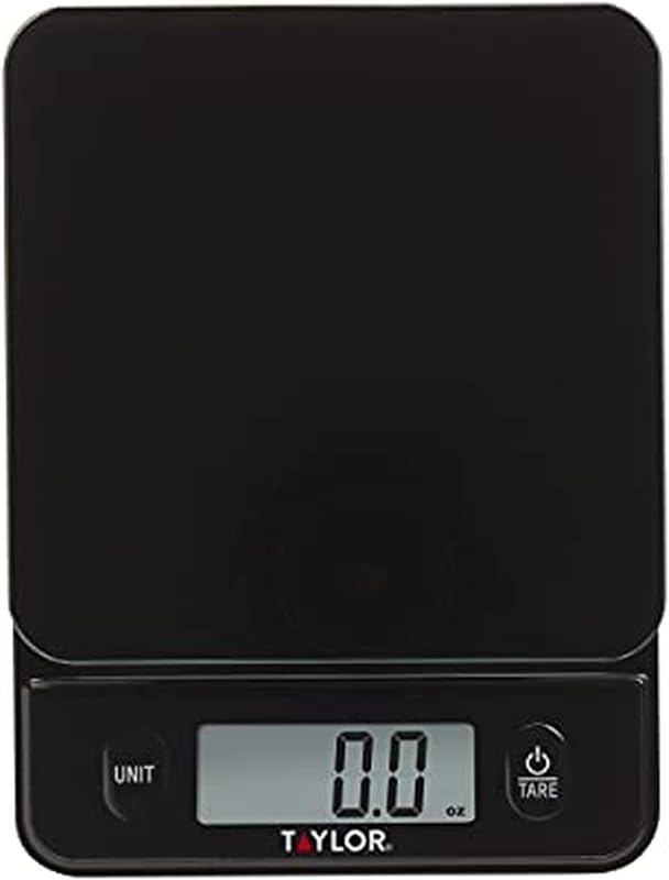 Taylor Glass Top Food Scale with Touch Controls, 11 lb Capacity, Sleek Black Design for Precision Food Measurement in Grams and Ounces