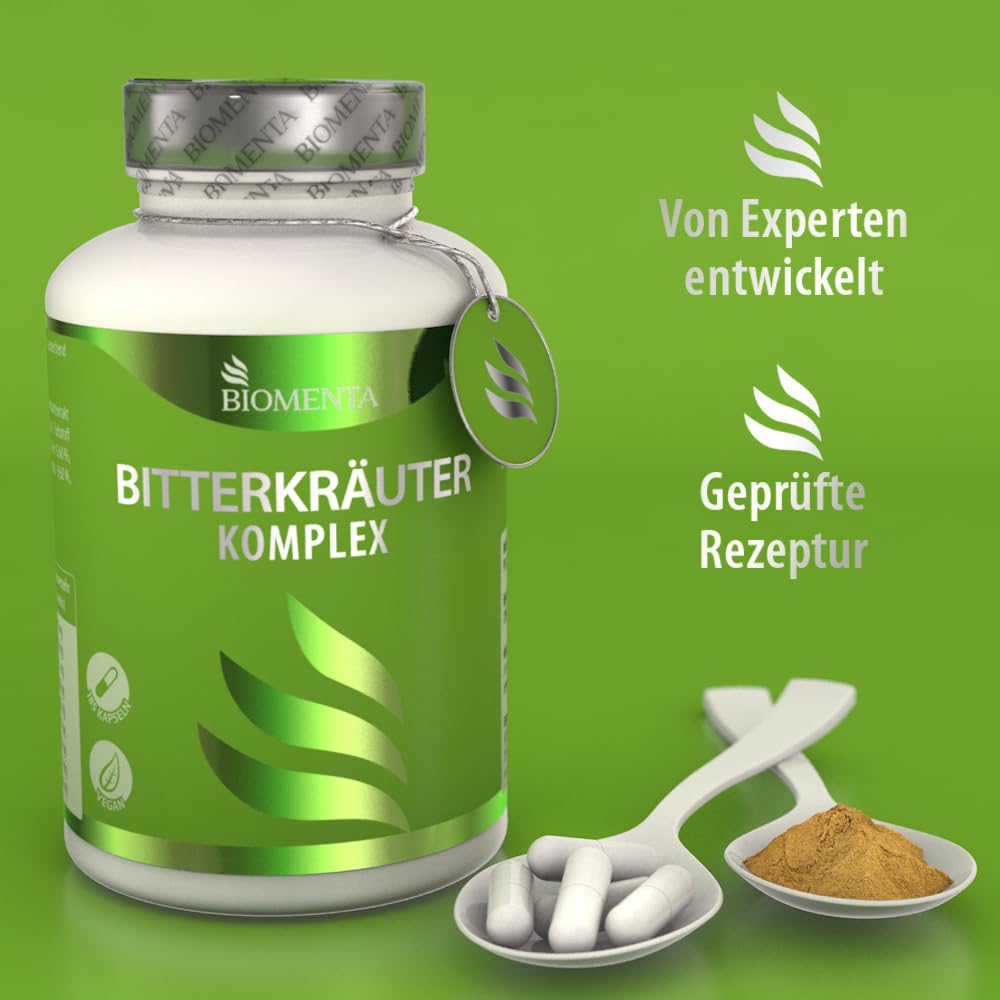 BIOMENTA Bitterkräuter Komplex - 185 hochdosierte, synergetisch zusammengestellte Bitterstoffe Kapseln mit 7 Bitterkomplex - ohne Alkohol + vegan - Premiumqualität