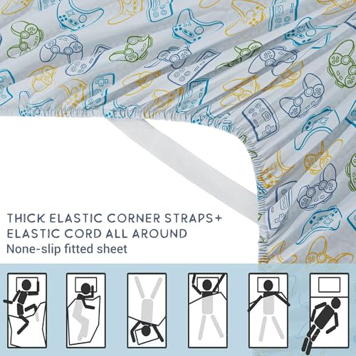 Image of Viviland 4 Pieces Boys Grey Full Sheet Set - Soft Microfiber Fitted Flat Sheets & Pillowcase - Game Player Paddle Printed Bedding Sets - for Kids & Toddlers