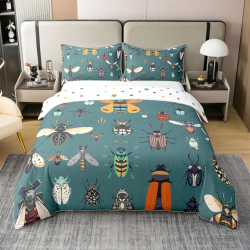 Housse de couette coléoptères 100% coton pour lit simple, avec taie d'oreiller rustique