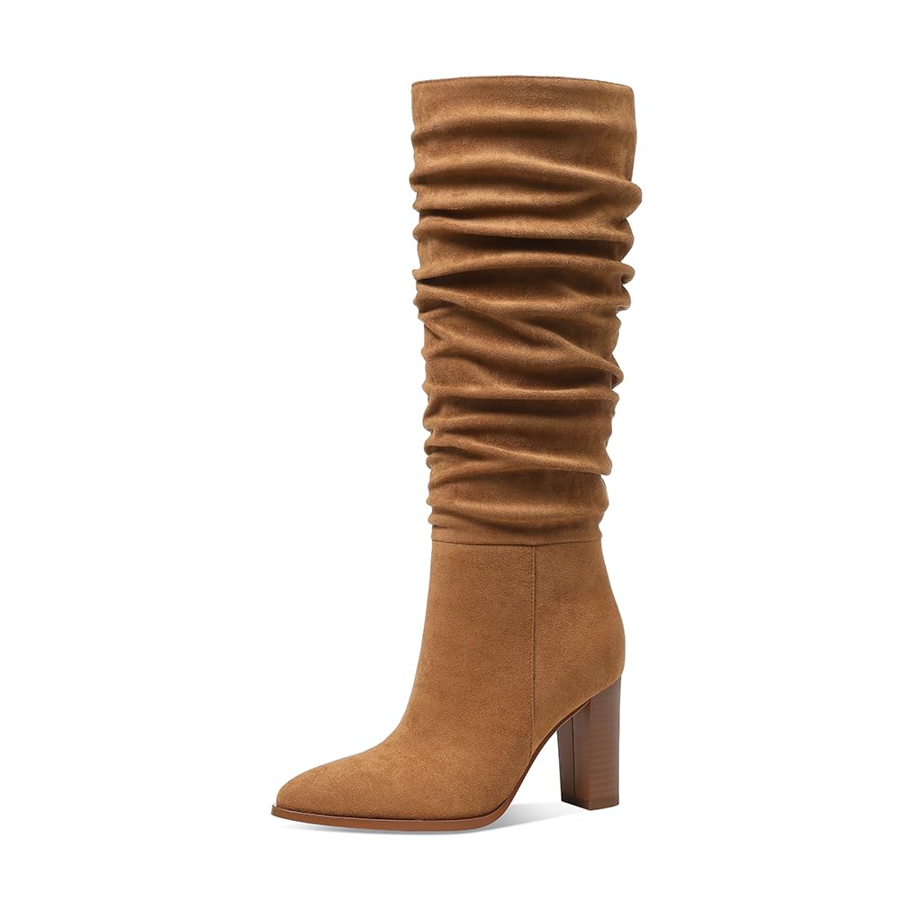 Erocalli Boots for Women 2025 Brown Knee-High Fall Long Chunky Block Heel Pointed Toe Slouch Tall Winter Boot