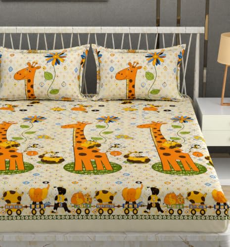 Image of Vram Premium Heavy Cotton Elastic Fitted Bedsheets with 2 King Size Pillow Covers || Double Bed with All Around Elastic 350 TC || 72 x 72 x 10 Inch King Size Fitted || :- Animal Girafe