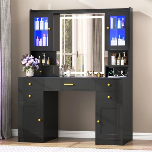 Image of CSZZD Makeup Vanity Desk with Mirror and Lights, Black Vanity Table Set with Charging Station, Dressing Table with RGB Cabinets, Makeup Vanity Mirror with Light Desk and Drawers, 3 LED Light Modes