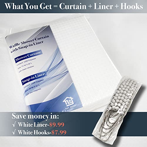 Extra Long Waffle Weave Shower Curtain With Snap-In Fabric Liner Set, 12 White Hooks Included - 71" X 84", Hotel Style, Heavyweight Fabric & Mesh Top, Machine Washable & Water-Repellent - 71X84, White #TOP3