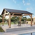 13x15 ft Wood Gazebo, Hardtop Pergola with Steel Gable Roof, Outdoor Gazebo with Guest House for Garden, Porch, Patio, Black + Natural Wood