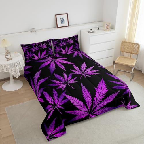 Image of Feelyou Marijuana Leaf Full Size Comforter Set Weed Leaf Botanical Black Purple Bedding Set for Kids Men Women Adults Cannabis Leaves Comforter Luxury Puple Hemp Quilt Set Room Decor 3Pcs