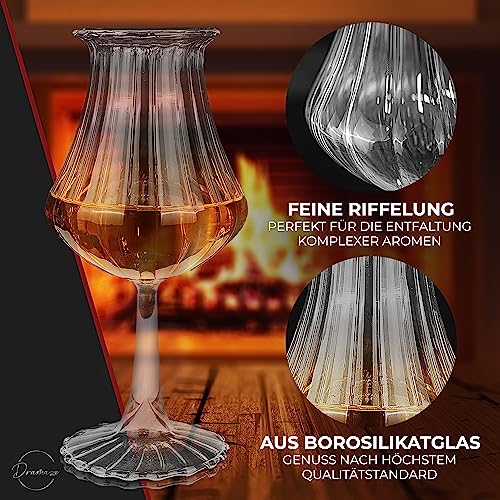 Foto von Dramaze - Premium Whisky Gläser Set, 4-teiliges Whisky Set mit Nosing Glas, Deckel, Glas Pipette für Single Malt Whisky, Rum, Bourbon und Gin, Geschenk Set für Männer mit Geschenkbox