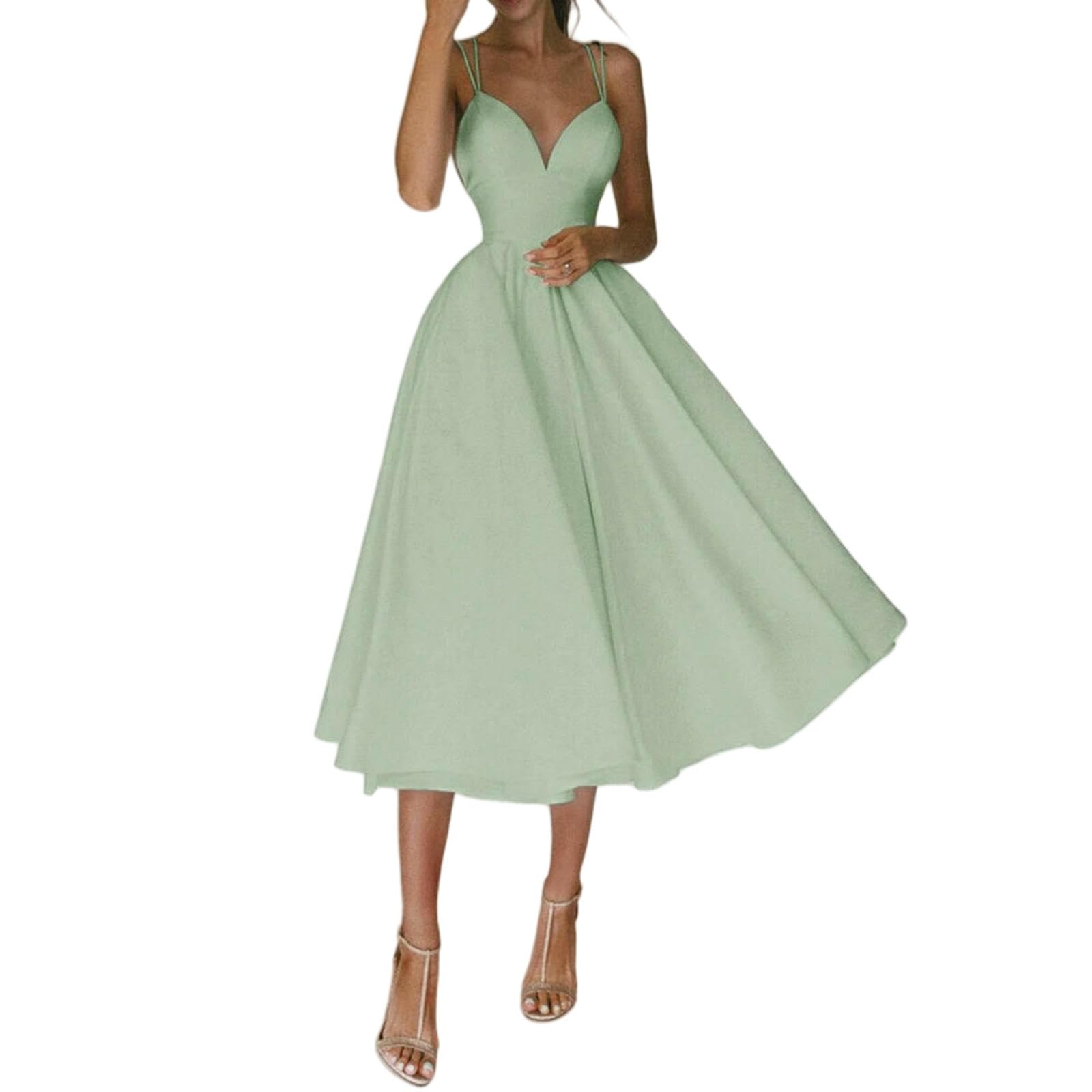 Vestito Summer Spaghetti Strap Midi Abiti da Festa Donne Solido Colore Temperamento A V-Neck Temperament Elegant Lady Prom Dress Vestitidos-Verde-l