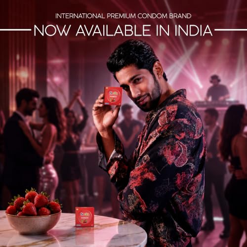 Image of Fiesta Strawberry Flavoured Condoms (12 Pcs) | Pack of 4 x 3 each | Extra Pleasure Dotted Condoms for Men | Dotted for Extra Stimulation | Fruity Strawberry Flavour Condom