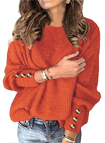 Womens Pullover Sweaters Batwing Long Sleeve Crewneck Casual Loose Knit Jumper Tops with Buttons