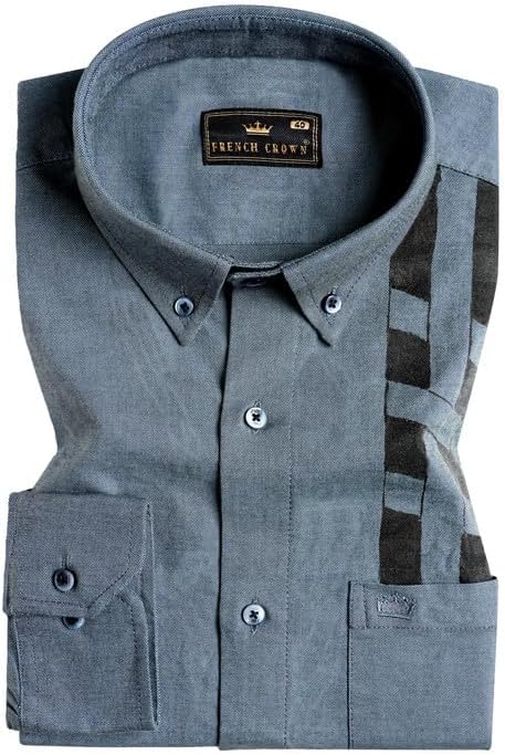 French Crown Gravel Gray Two Tone Hand Painted Royal Oxford Designer Shirt(6495-BD-BLE-ART)