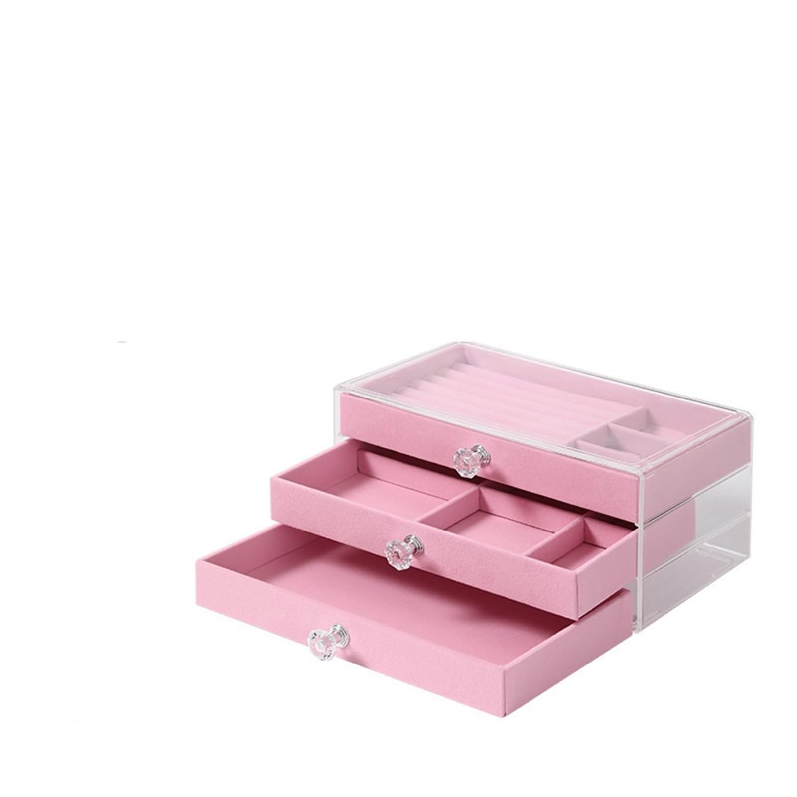 Portagioie Scatola portagioie Trasparente in Flanella a Tre Strati con cassetto portagioie, orecchino, Collana, Anello, espositore per I Gioielli(Pink)