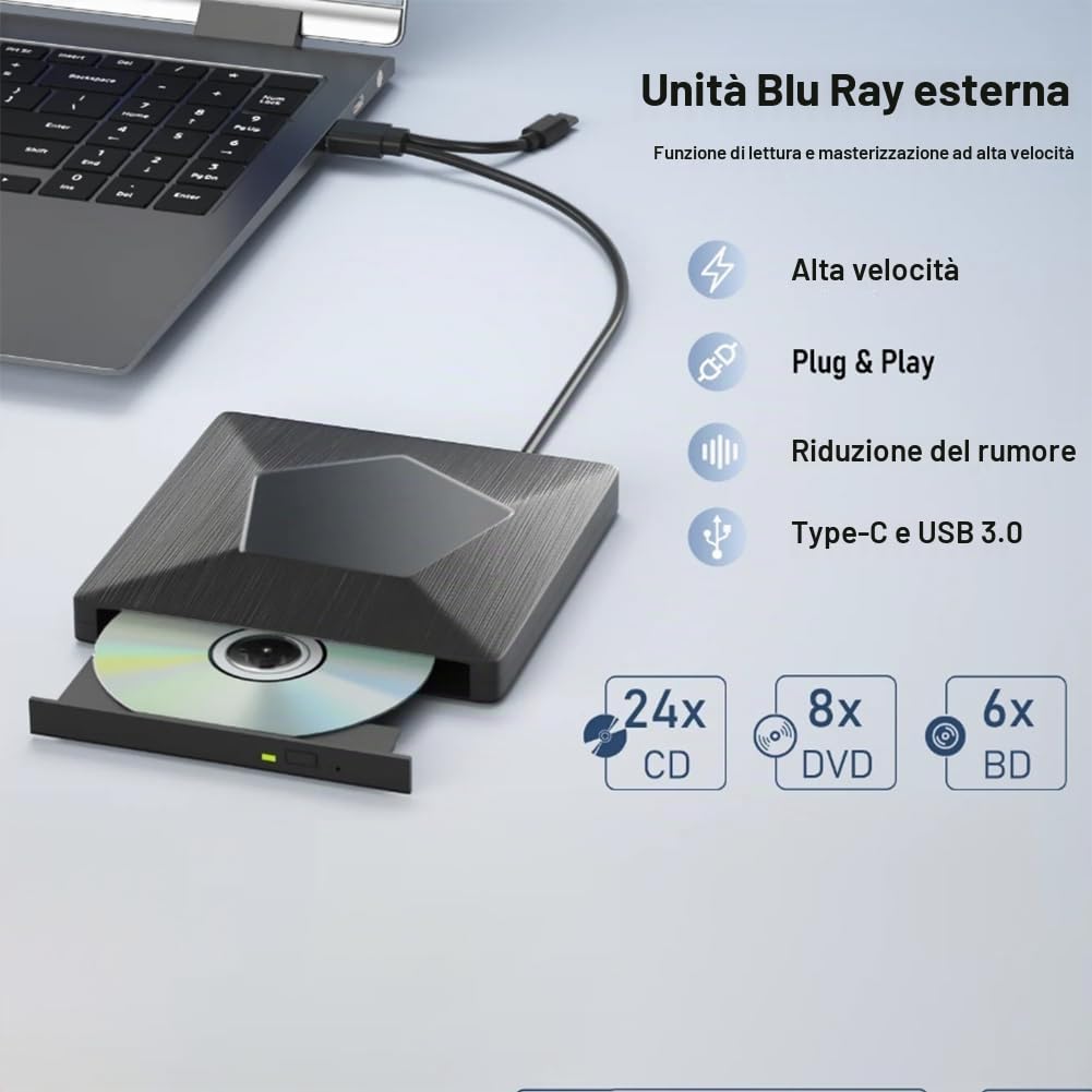 unità Esterna per Lettore di BD/CD/Dvd, Masterizzatore Bluray 3D Portatile Ottico per PC e Laptop.