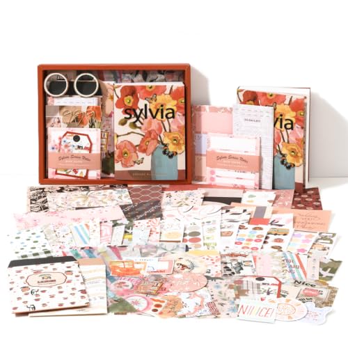 Image of The AutoStory Vintage Scrapbook Album Kit - A6 Junk Journal Notebook with Aesthetic Stickers, Collage Paper Pack & Washi Tape - DIY Journaling Supplies Gift for Teens & Girls (Sylvia, Red)