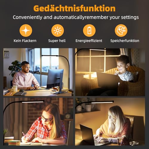 LIBORA Schreibtischlampe Klemmbar LED, Dimmbare Schreibtischlampe mit 3 Farben und 10 Helligkeitsstufen, Tageslichtlampe Schreibtisch Lampe, Augenschonende Klemmleuchte, Weiß