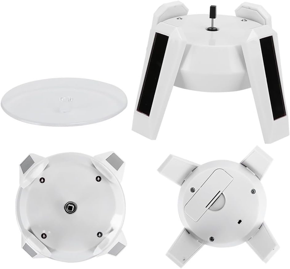 Solar Powered Rotating Display Stand with LED Lights Indoor Solar Energy 360° Dual-Direction Jewelry Turntable for Showcase(White)