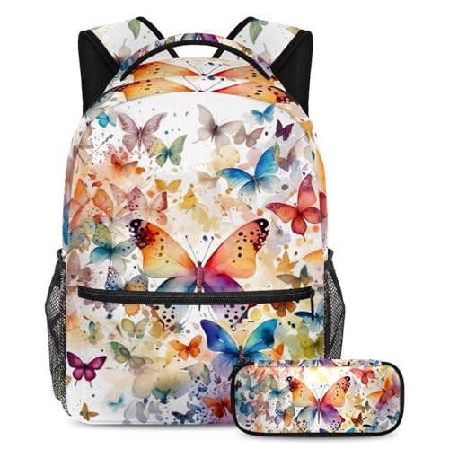 Sac à dos aquarelle papillons avec trousse pour l'école et le voyage des adolescents et enfants