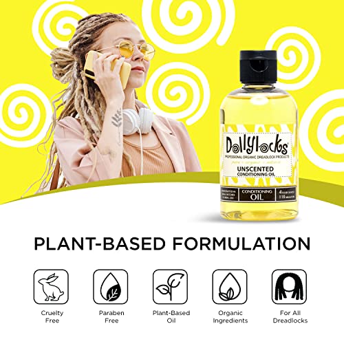 Dollylocks Organic Dreadlock Conditioning Oil - Vegan Loc Moisturizer, Dread Hair Products W/Avocado, Jojoba, Coconut & Hemp Seed Oil, No Residue Dreadlock Hair Products, Unscented, 4Oz #TOP1