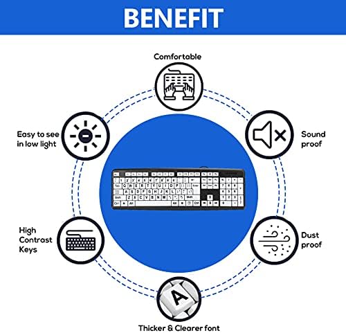 Zunate White Large Print Computer Keyboard, Standard 104 Keys USB Wired Keyboard, High Contrast White Keys with Big Print Letters Help for Seniors and Low Vision Individuals, Plug and Play(black)