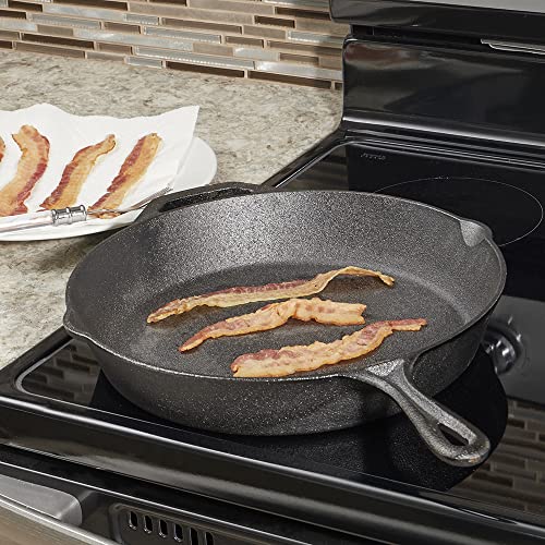 12" Cast Iron Skillet (Black), By Home Basics | Frying Pan For Pancakes, Meat, and Fish | Large Skillet For Stovetop and Campfire | Nonstick With Pour Spouts
