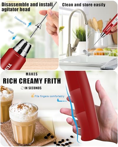 Image of YUSWKO Rechargeable Milk Frother for Coffee, Handheld Drink Mixer with 3 Heads 3 Speeds, Ideal Coffee Frother Wand for Travel - Red