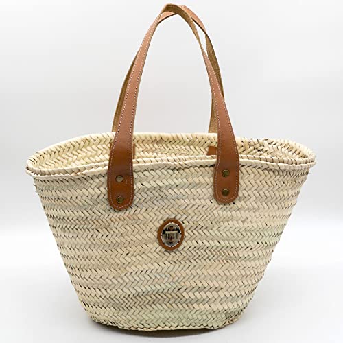Bolso de paja con asas de cuero estilo canasto francés miniatura 6