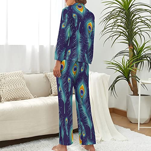 Abstract Peacock Feathers,Women's Pajama Set Long Sleeve Sleepwear Tops Bottoms With Pockets_S #TOP2