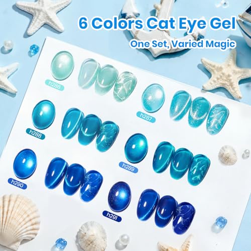 Image of Beetles Liberty Blue Cat Eye Gel Nail Polish Set - 6 Colors Summer Glitter Gel Polish Kit Mint Green, Icy Blue, Teal, Sapphire and Navy Shades, 3D Shimmer Effect DIY Salon Nail Art Gift for Women