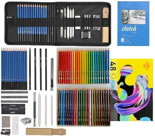 Image of Corslet 83 Pcs Sketch and Color Pencils Set With Zipper Carry Case | Oil-Based Professional Pencil Set for Kids & Adult | Art Sketching Kit with Graphite Charcoal Drawing Pencil Set for Artist