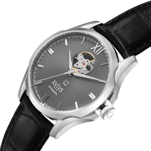 Image of Xylys Provenance Swiss Automatic Analog Grey Dial Black Leather Strap Watch for Men - 40059SL02E