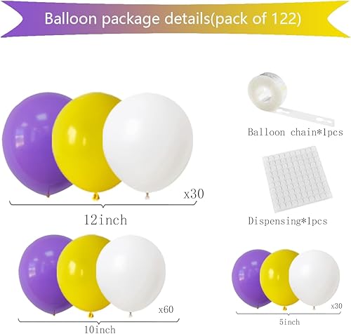 Miniatura 7 de Kit de arco de guirnalda de globos morados y amarillos y blancos, 122 globos amarillos, morados y blancos para cumpleaños, boda, aniversario,