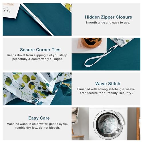Image of MILDLY 100% Long Staple Cotton 3pcs Queen Duvet Cover Set, Ultra Soft Yellow Green Leaves Printed Autumn Comforter Cover Set