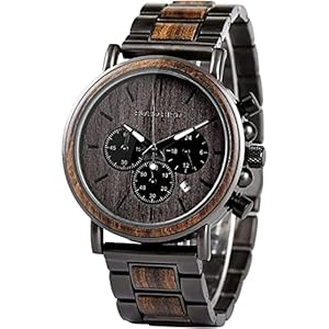 BOBO BIRD Men Wooden Watches Business Casual Wristwatches Stylish Ebony Wood & Stainless Steel Band Multi-Function Chronograph Watch