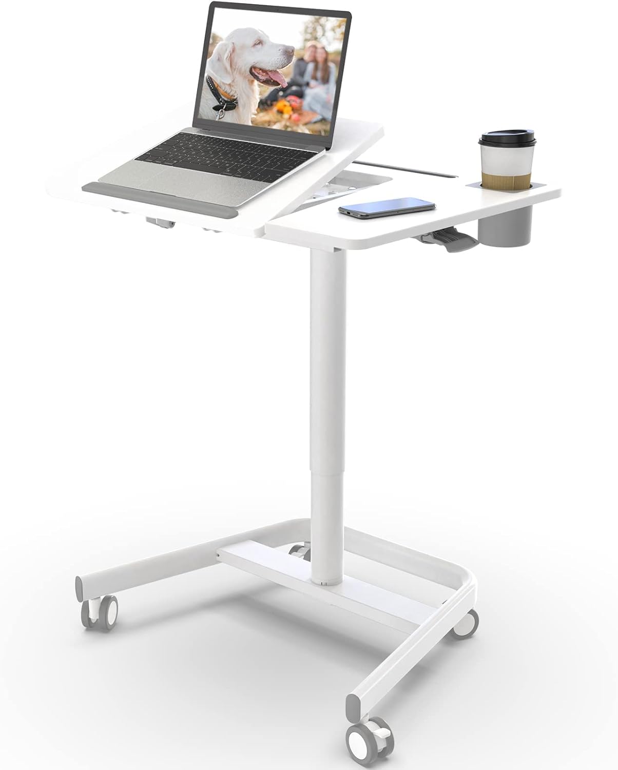 JOY worker Mobile Standing Desk, Height Adjustable Table, 60° Tiltable Rolling Laptop Desk, Portable Sit Stand Desk with Wheels Cup Holder for Bed Couch School, Holds Up to 22lbs, White