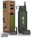 the flow Stainless Steel Water Bottle Double Walled/Vacuum Insulated - BPA/Toxin Free – Wide Mouth with Straw Lid, Carabiner Lid and Flip Lid, 32 oz.(1 Liter) Olive green