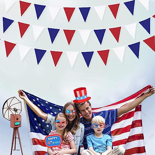 32 Ft Red Blue White Party Decorations Fabric Pennant Banner Triangle Flag Bunting Garland for Patriotic 4th of July USA American Independence National Day Graduation Wedding Birthday Party Supplies by Pink Blume - Image 4
