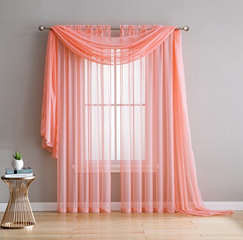 LinenZone Amazing Sheer Window Scarf Fabric Sheer Voile Curtain for Window Treatment - Add to Window Curtains for Enhanced Effect (1 Scarf 56"x216", Coral)