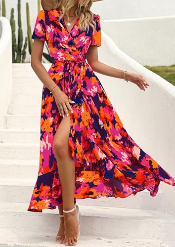 Image of PRETTYGARDEN Women's Summer Wrap Maxi Dress Casual Boho Floral V Neck Short Sleeve Ruffle Hem Split Beach Long Dresses