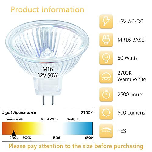 Sevici Mr16 Halogen Bulb 50W 12V 2 Pin Gu5.3 Base 36° Beam Angle 2700K Warm White Mr16 Bulb Dimmable With Clear Glass Cover For Landscape, Track, Fiber Optic, Desk Lamp 6 Pack #TOP2