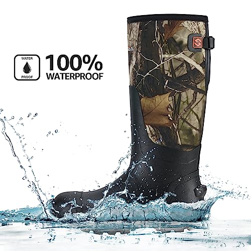 Hisea Upgraded Rain Boots For Men, Waterproof Insulated Rubber Neoprene Boots With Steel Shank, Durable Anti-Slip Outdoor Work Boots For Hunting Gardening Farming Fishing Mud Working, Adjustable Calf, Size 6 Camo #TOP3