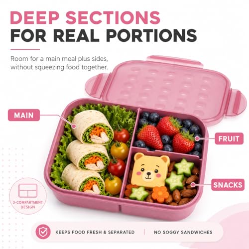MISS BIG® Bento Lunch Box for Kids, 1150ml, 3 Compartments, Rose Pink — view 3