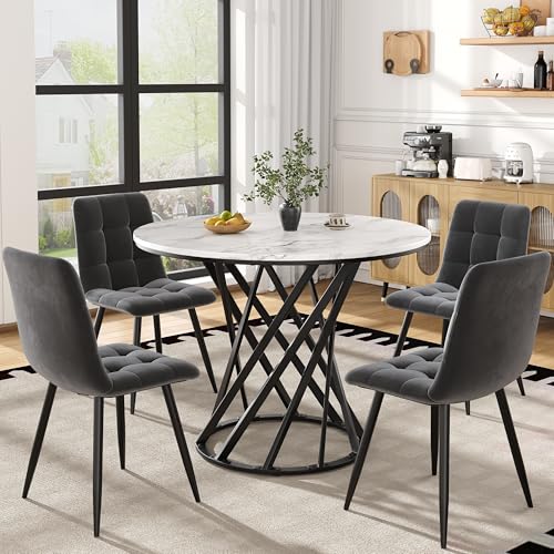 Kelodan Juego de mesa de comedor redonda de 80 cm de diámetro, moderno juego de 4 sillas de terciopelo, mesa de cocina con patas de metal negro, tablero de fibra de densidad media blanca