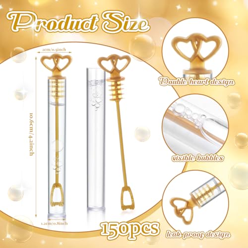 PullCrease 150 Pcs Bubble Wands Bulk for Wedding Party Mini Heart Wand with Bubble Solution for Wedding Bridal Showers Valentine Anniversary Graduation Birthday Supplies(Gold,Double Heart) - Thumbnail 3