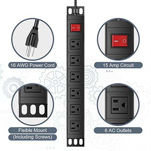 6 Outlets Metal Power Strip, Mountable Heavy Duty Power Strip With Switch, Rack Mount Power Outlet For Small Rack, Desk, Workshop, Cabinet, Garage #TOP2