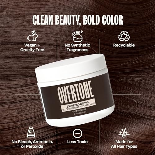Image of Overtone Semi Permanent Hair Color Conditioner, Espresso Brown, 8 oz, Nourishing, Damage-Free, Color Depositing Mask for All Hair Types with Shea Butter & Coconut Oil, Vegan & Cruelty-Free