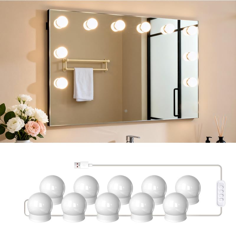 LED Vanity Mirror Lights for Makeup Vanity, Dimmable Bulbs with 3 Color Modes, USB Powered, Stick-on Mirror Front Lamp, No Drilling Required, Perfect for Dressing Table & Bathroom Makeup