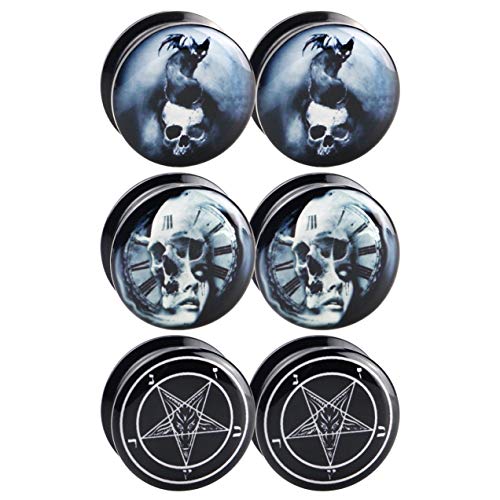 Awinrel Black UV Acrylic Screw Fit Ear Gauges Plug Tunnel Stretcher Expander Lady Skull Black Cat Bamphat Body Piercing Jewelry 6 Pieces 5/7" 18mm