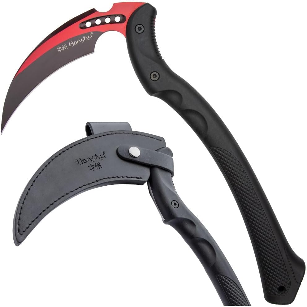 Honshu Karito Kama Red | 9 Inch 7Cr13 Stainless Full Tang Curved Blade | 15 3/4 Inch Overall | EDM Textured Nylon Handle | Black Leather Belt Sheath